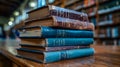 Stack of Vintage Books in a Library with Students in the Background concept study leering library book history Royalty Free Stock Photo
