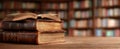 The stack of vintage books resting on a wooden table in a cozy library..AI generated image Royalty Free Stock Photo