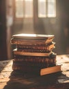 Stack of Vintage Books on Table with Golden Sunlight Royalty Free Stock Photo