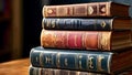 Stack of vintage books on wooden table in library Royalty Free Stock Photo