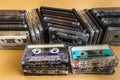 Stack vintage compact cassette tape, Close up set of old audio tapes