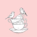 A stack of vintage cups and tender birds. Vector illustration for a postcard or a poster. Royalty Free Stock Photo