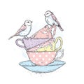 A stack of vintage cups and tender birds. Vector illustration for a postcard or a poster. Royalty Free Stock Photo