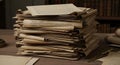 Stack of vintage documents in a dimly lit library Royalty Free Stock Photo