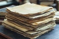 A stack of vintage documents or manuscripts resting on a wooden table Royalty Free Stock Photo