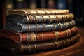 stack of vintage leather-bound books arranged in a spiral Royalty Free Stock Photo