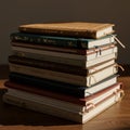 Stack of Vintage Leather Journals and Notebooks on Wooden Table Royalty Free Stock Photo