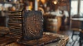 Stack of vintage nautical-themed coasters with anchor emblem in a rustic bar. Royalty Free Stock Photo