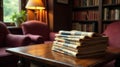 Stack of vintage newspapers on wooden table in a cozy reading room. Generative AI Royalty Free Stock Photo