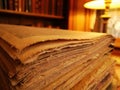Stack of Vintage Papers in a Warm Library Setting Royalty Free Stock Photo