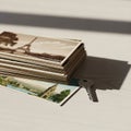 Stack of Vintage Postcards, Key, Eiffel Tower, Travel Memories Royalty Free Stock Photo