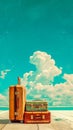 stack of vintage suitcases against a vivid teal sky with fluffy white clouds, evoking the nostalgia and romance of