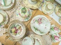 Stack of vintage tea cups for high tea. Royalty Free Stock Photo