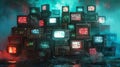 A stack of vintage televisions with flickering screens, illuminated by a blue and red glow Royalty Free Stock Photo