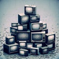 A stack of vintage televisions with static screens arranged in a pyramid shape. Royalty Free Stock Photo