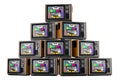 Stack of vintage TV sets with test card TV, 3D rendering