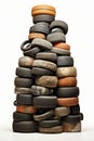 Stack of vintage worn tires on white background for nostalgic and aesthetic appeal Royalty Free Stock Photo