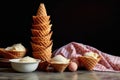 stack of waffle cones beside empty ice cream bowls Royalty Free Stock Photo