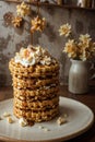 Stack of waffles with cream and nuts on top, with a drop of caramel