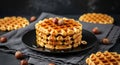 Stack of Waffles with Hazelnuts and Syrup on a Black Plate Royalty Free Stock Photo