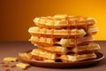 a stack of waffles on a plate with syrup