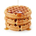 A stack of waffles with syrup being poured on top isolated on white background Royalty Free Stock Photo