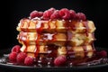 a stack of waffles with syrup and raspberries