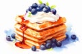 Stack of waffles with whipped cream, honey and blueberries on white background