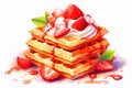 Stack of waffles with whipped cream, mint leaves and strawberries on white background