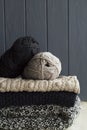 Stack of warm clothes from knitted knitwear over grey wooden background