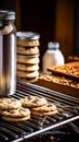 Freshly Baked Chocolate Chip Cookies on Cooling Rack with Rolling Pin and Flour Canister in Background