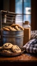 Freshly Baked Chocolate Chip Cookies on Cooling Rack with Rolling Pin and Flour Canister in Background