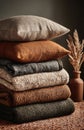 Stack of warm knitted clothes and pillows creating cozy autumn atmosphere Royalty Free Stock Photo