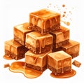 Stack of Watercolor Caramel Squares Drizzled with Syrup on White Background Royalty Free Stock Photo