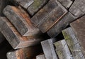 Stack of weathered old boards material wooden base design theme construction decorating