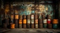 A stack of weathered petrol barrels