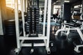 Stack of weight lifting with adjuster in fitness gym., Steel metal of Workout bodybuilding equipment., Sport instrument and