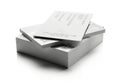 Stack of white business cards with text details isolated on white background Royalty Free Stock Photo