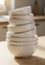 A stack of white ceramic bowls is arranged in a spiral pattern on a woode Royalty Free Stock Photo