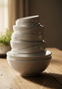 A stack of white ceramic bowls is balanced on a wooden table, lit by soft natural light from a Royalty Free Stock Photo