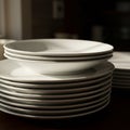 A stack of white ceramic plates is arranged neatly, catching sunlight that highlights th Royalty Free Stock Photo