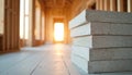 Stack of white concrete blocks on wooden floor inside unfinished building construction site. Sunlight streams through doorway at Royalty Free Stock Photo
