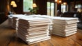 Stack of white envelopes on a wooden table. Generative AI. Royalty Free Stock Photo