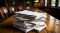 Stack of white envelopes on a wooden table. Generative AI. Royalty Free Stock Photo