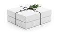 Stack of white gift boxes with black ribbon and greenery, isolated on white background Royalty Free Stock Photo