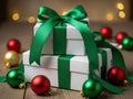 Stack of white gift boxes with green ribbons and christmas ornaments Royalty Free Stock Photo