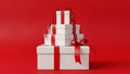 Stack of white gift boxes with red ribbons Royalty Free Stock Photo