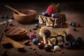 Stack of white, milk, dark chocolate, nuts, caramel, fruits, berries on wooden