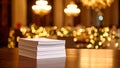 Stack of white paper sheets on a wooden table with blurred background lights. Royalty Free Stock Photo