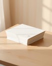 A stack of white paper on a wooden surface, with a subtle shadow on the top. Royalty Free Stock Photo